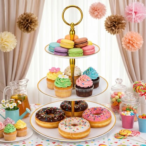 Gold and White 3-Tier Plastic Cupcake Stand Set - Elegant Dessert Serving Tray
