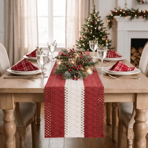 Farmhouse Woven Table Runner 12x108 Inch Rose Red - Artoid Mode