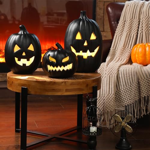 Black Halloween Jack O Lantern Decoration Set with LED Lights - 3 Pcs