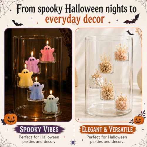 Halloween Glass Hurricane Candle Holder Set with Ghost Candles - Colorful Ghost Variation