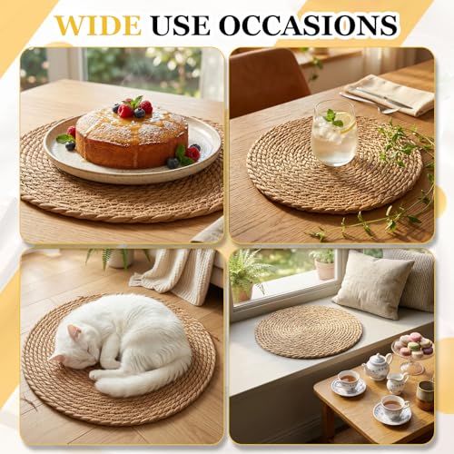 24 Pcs Round Woven Placemats - Natural Water Hyacinth & Straw Table Mats