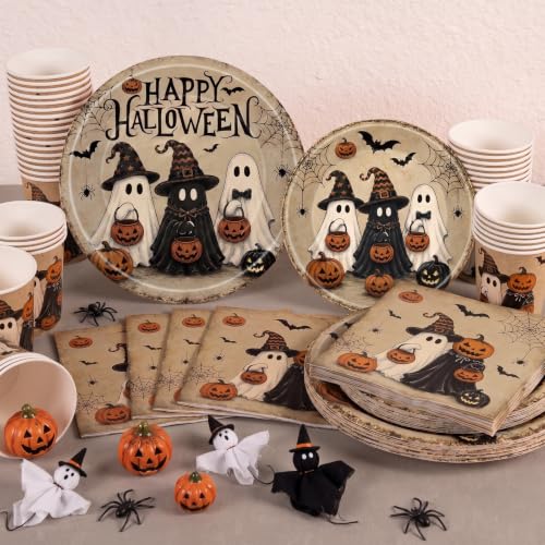 Halloween Disposable Tableware Set - 168 Pcs Ghost Pumpkin Plates Cups Napkins Cutlery