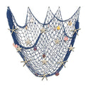Large Blue Fish Net Wall Decoration with Colorful Sea Shells and Starfish - Mediterranean Nautical Style