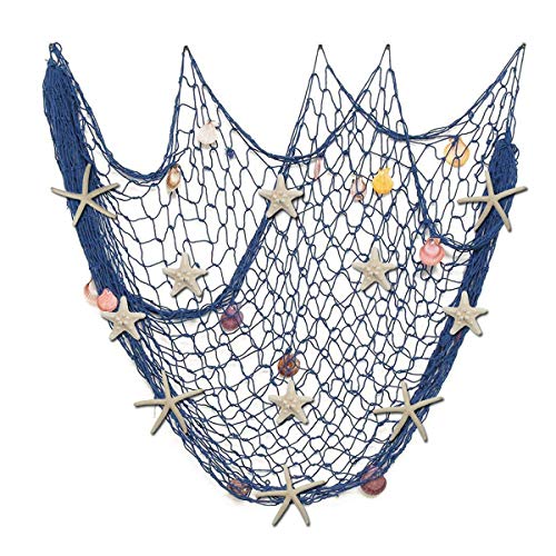 Large Blue Fish Net Wall Decoration with Colorful Sea Shells and Starfish - Mediterranean Nautical Style