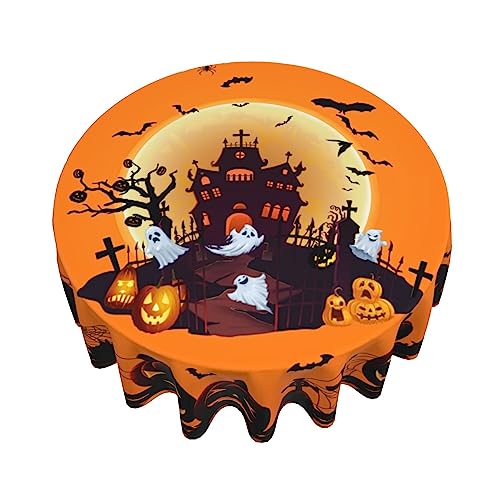 Halloween Pumpkin Castle Ghost Round Tablecloth 60 Inch Orange Black Decor