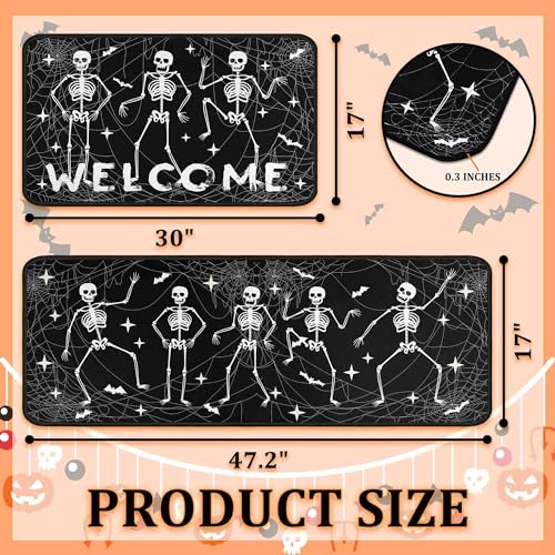 Halloween Kitchen Rugs Set of 2 with Non Slip Backing - Spooky Ghosts & Pumpkins, Black, 17x47.2 + 17x30 Inches