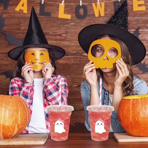 White Ghost Halloween Disposable Plastic Cups with Lids & Straws - 50 Pcs