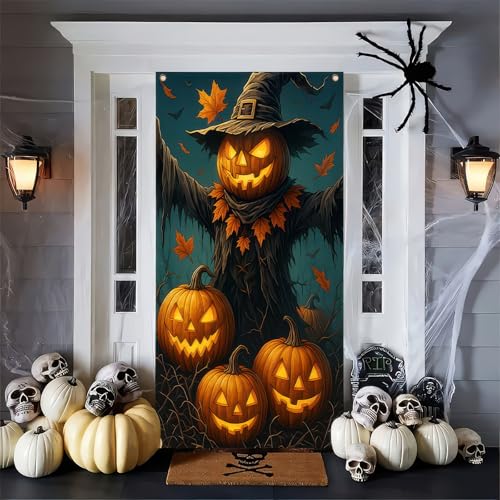 Halloween Pumpkin Scarecrow Door Cover - 35x71 Inch Polyester, Pumpkin Scarecrow Variation