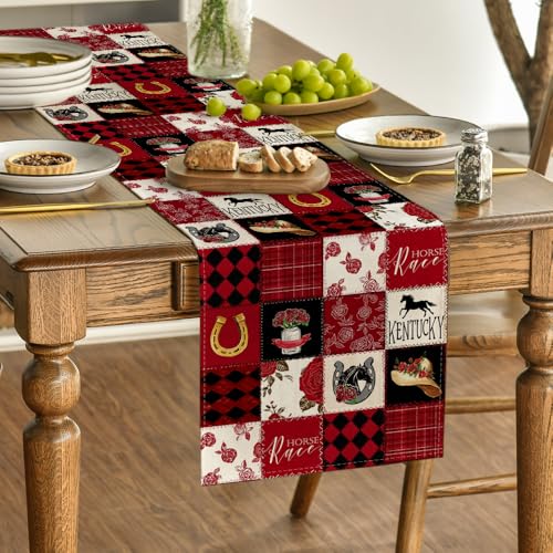 Plaid Horseshoe Roses Table Runner 13x72 Inch for Kitchen Dining Home Decor