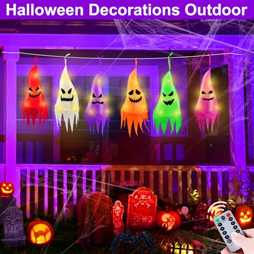 Outdoor Halloween Hanging Ghost Decorations with LED Lights - 6 Pack