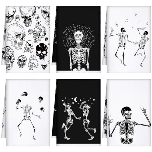 Halloween Skeleton Kitchen Towels Set - Funny Skull & Black White Variation