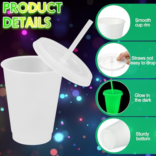 30 Pack 16 oz Glow in the Dark Plastic Cups with Lids & Straws - Fluorescent Green