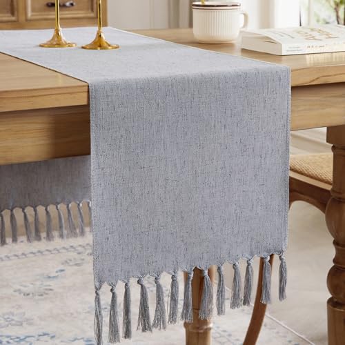 Cotton Linen Table Runner 13x90 Inch Silver Grey with Hand Tassels - Farmhouse Decor