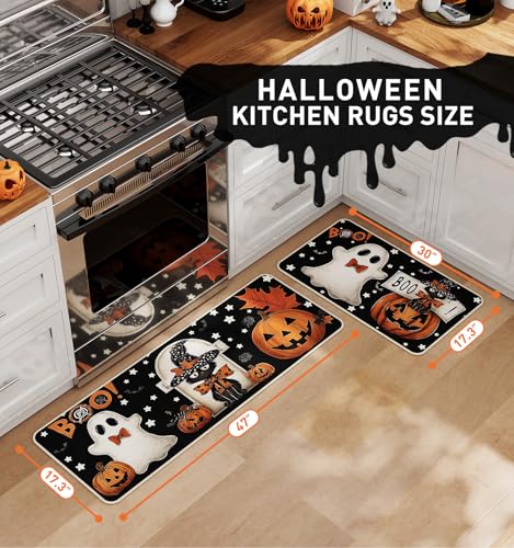 Halloween Kitchen Mat Set of 2 - Black Pumpkin Ghost, 17x29 & 17x47 Inches