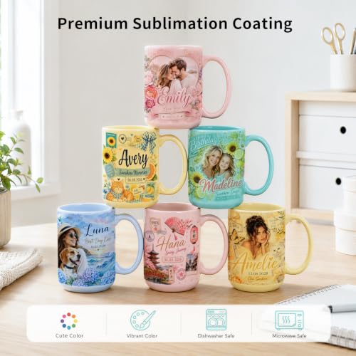 8 Pack 15 OZ Pastel Sublimation Coffee Mugs Set - Macaron Colors, Customizable Ceramic Cups