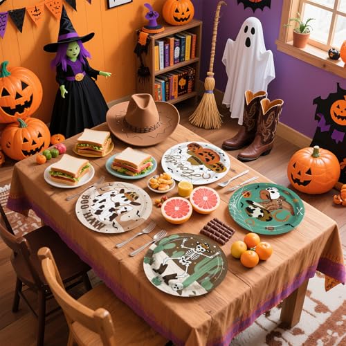 60Pcs Western Cowboy Halloween Paper Plates 9 Inch - Skeleton Ghost Pumpkin Design