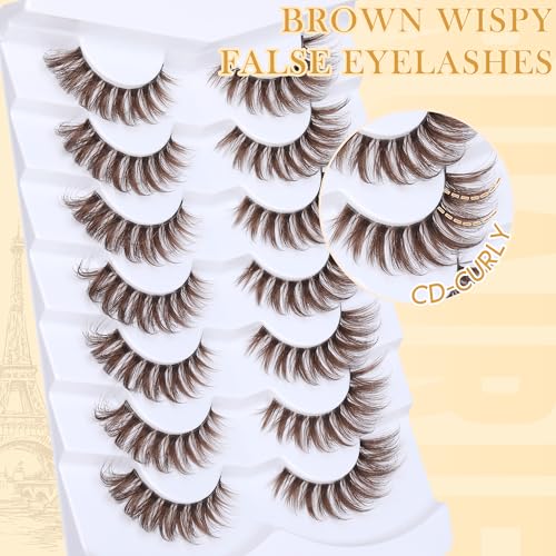 Wispy Brown Cat Eye False Eyelashes - 11-18mm Full Strip, CD Curly, 7 Pairs, B.wispy Style