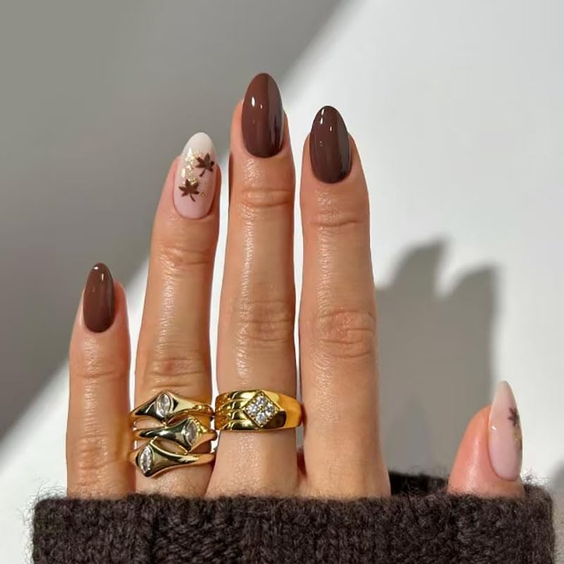 24 Pieces Short Almond Press On Nails with Maple Leaf Design - Reusable Gel Stickers for Autumn Fashion