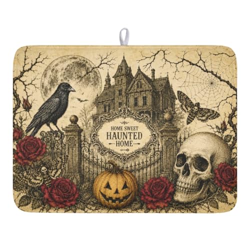 Ghost Skull Halloween Dish Drying Mat - 18x24 Inch Absorbent Microfiber Kitchen Mat