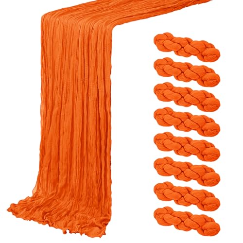 8 Pack Orange Cheesecloth Table Runner 20 x 120 Inch for Weddings Parties & Events - Semi Sheer Gauze Fabric Bulk Decor