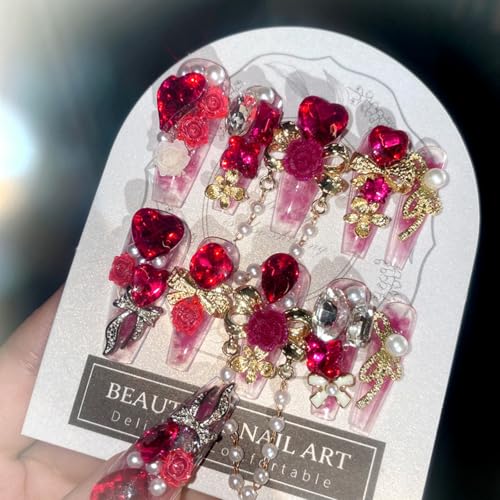 Press On Nails Long Coffin Fake Nails with Rhinestones - Pink Reusable False Nails FN078010