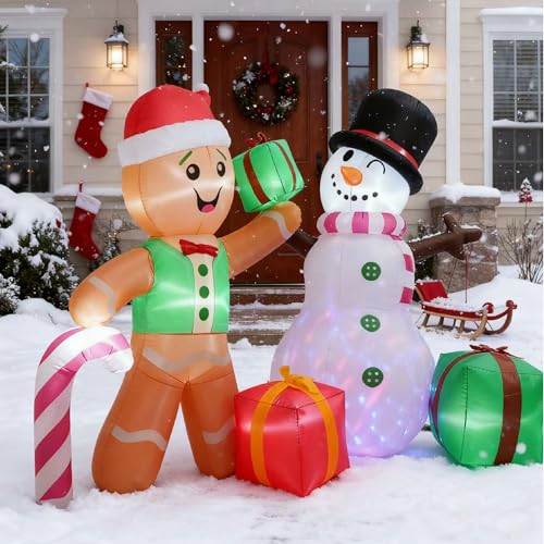 Gingerbread Snowman Inflatable Christmas Decoration with LED Lights - 6FT Outdoor Holiday Yard Decor