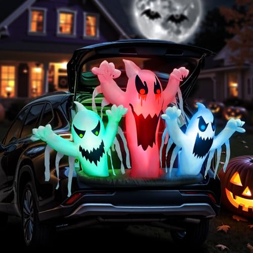 Halloween Inflatable Ghost Car Decorations Kit with LED Lights – Trunk or Treat, Outdoor Use, Includes Ropes & Stakes Variation of Ghost