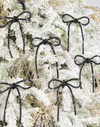 Black Sparkly Glitter Holiday Bows - 6 Pcs 4.3x6 Inch Tree & Gift Decor with Twist Ties