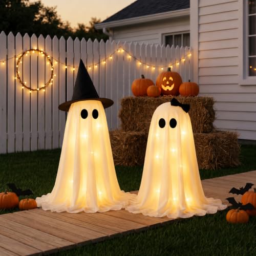 LED Halloween Ghost Decorations 2-Pack Indoor Light Up Ghosts with Soft Polyester