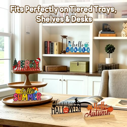 Interchangeable Seasonal Home Decor Metal Table Sign Set with Wooden Base