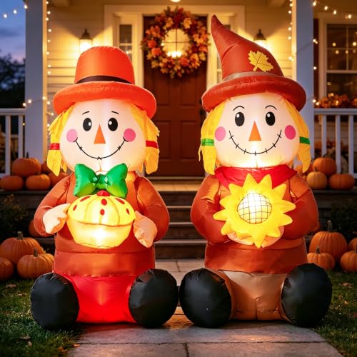 Inflatable Scarecrow Decorations with LED Lights - Fall & Thanksgiving Outdoor Decor - Variation: Scarecrow Couples