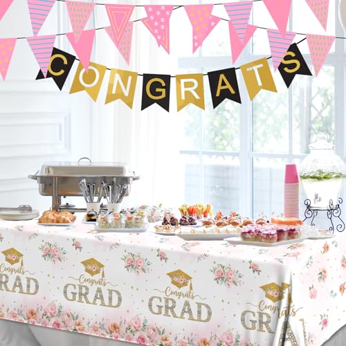 Pastel Floral Graduation Tablecloths Set - 3 Pack, Waterproof Plastic Decor