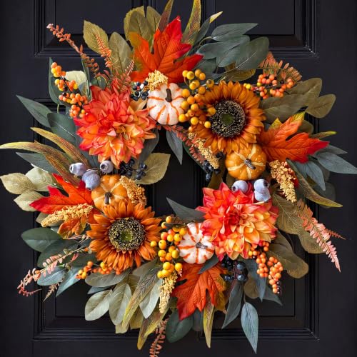 Orange Fall Wreath for Front Door 24 Inch Autumn Door Decor Handmade Seasonal