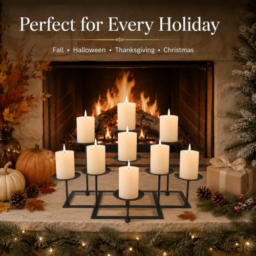 9 Pcs Pillar Fireplace Candle Holders Set - Multi-Level Iron Mantle Decor