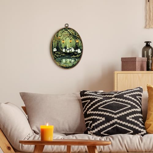 Ghost Oval Wall Art Decor - Halloween Pixel Art Canvas Print - Variation Ghost_16