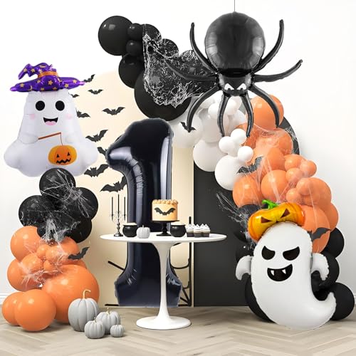 Halloween Balloons Set - 5 Pcs Ghost, Spider, Pumpkin & Number 1 Decorations - Black & Purple Theme
