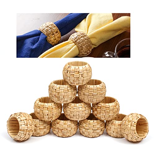 Natural Rattan Napkin Rings Set of 12 - Beige Tabletop Decor for Parties & Holidays