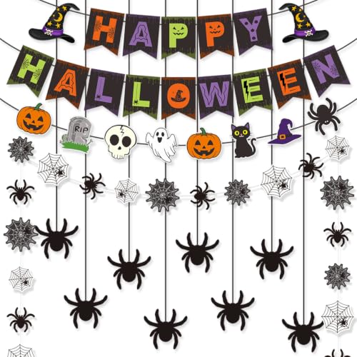 Halloween Paper Triangle Banner with Spider Cobweb Bats Skull Ghost Pumpkin - Style-10