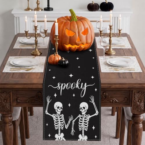 Halloween Table Runner Spooky Skeleton Decor 13x72 Inch - Black Halloween Table Decor