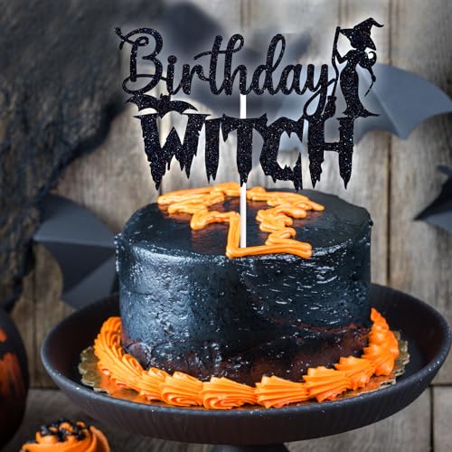 Black Glitter Birthday Witch Cake Topper Halloween 20th 30th 40th 50th Celebration Decor