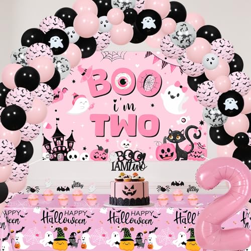 Halloween Birthday Balloon Arch Kit with Cake Toppers & Tablecloth for 2 Years Old Party