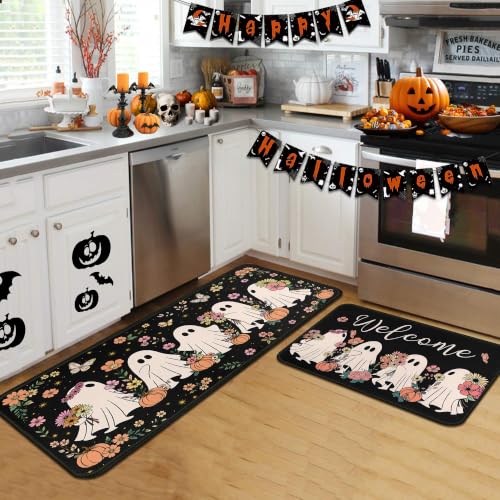 Halloween Ghost Kitchen Rugs and Mats Set - Non-Slip 17x47.2" + 17x30" - Spooky Holiday Decor
