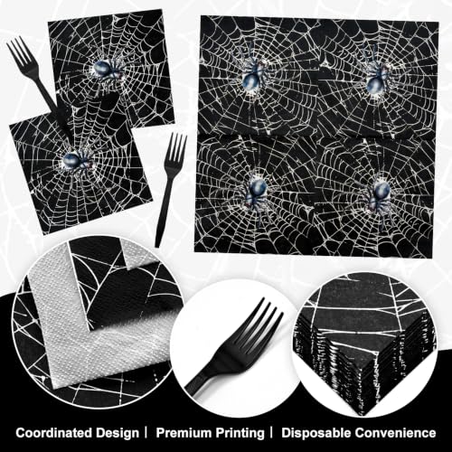 Halloween Spider Web Party Tableware Set - Disposable Plates, Napkins & Forks, 100 Pieces, Spooky Design