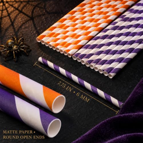 Halloween Paper Straws - Orange & Purple Stripe Party Set - 100 Pieces