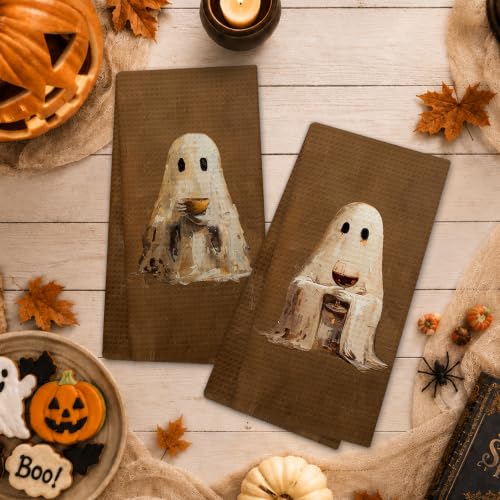 Halloween Ghost Coffee Bar Kitchen Towels Set of 2 - Rustic Whimsical Dishcloths - Ghost5 Variation