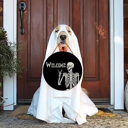 Halloween Skull Welcome Wreath Door Sign - Rustic Wooden Holiday Decor