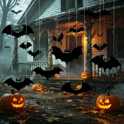 Black Halloween Hanging Bat Decorations - 12 Pcs Realistic Flying Bats with Glowing Eyes