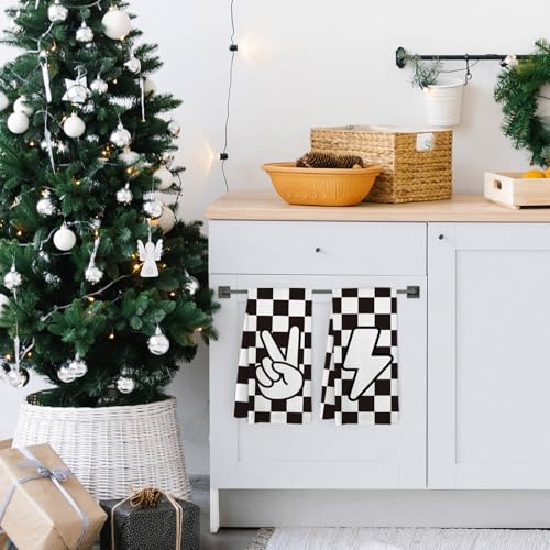 Yee Lightning Checkered Kitchen Towels Set of 2 - Black and White Checkered Dishcloths - Kitchen & Bathroom Decor