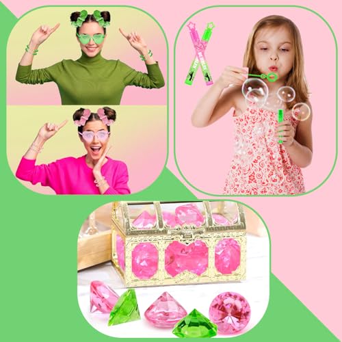 Pink and Green Birthday Party Favors Set - Glasses, Broom Pens, Bracelets & More