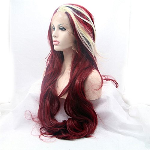 xiweiya Wigs Highlight Blonde Mixed 99J Wine Red Synthetic Lace Front Wig Long Body Wave 13 * 3 Hand Crochet Lace Wig with Heat Resistant Fiber Glueless Matte Wine Red Color Halloween Cosplay Wigs